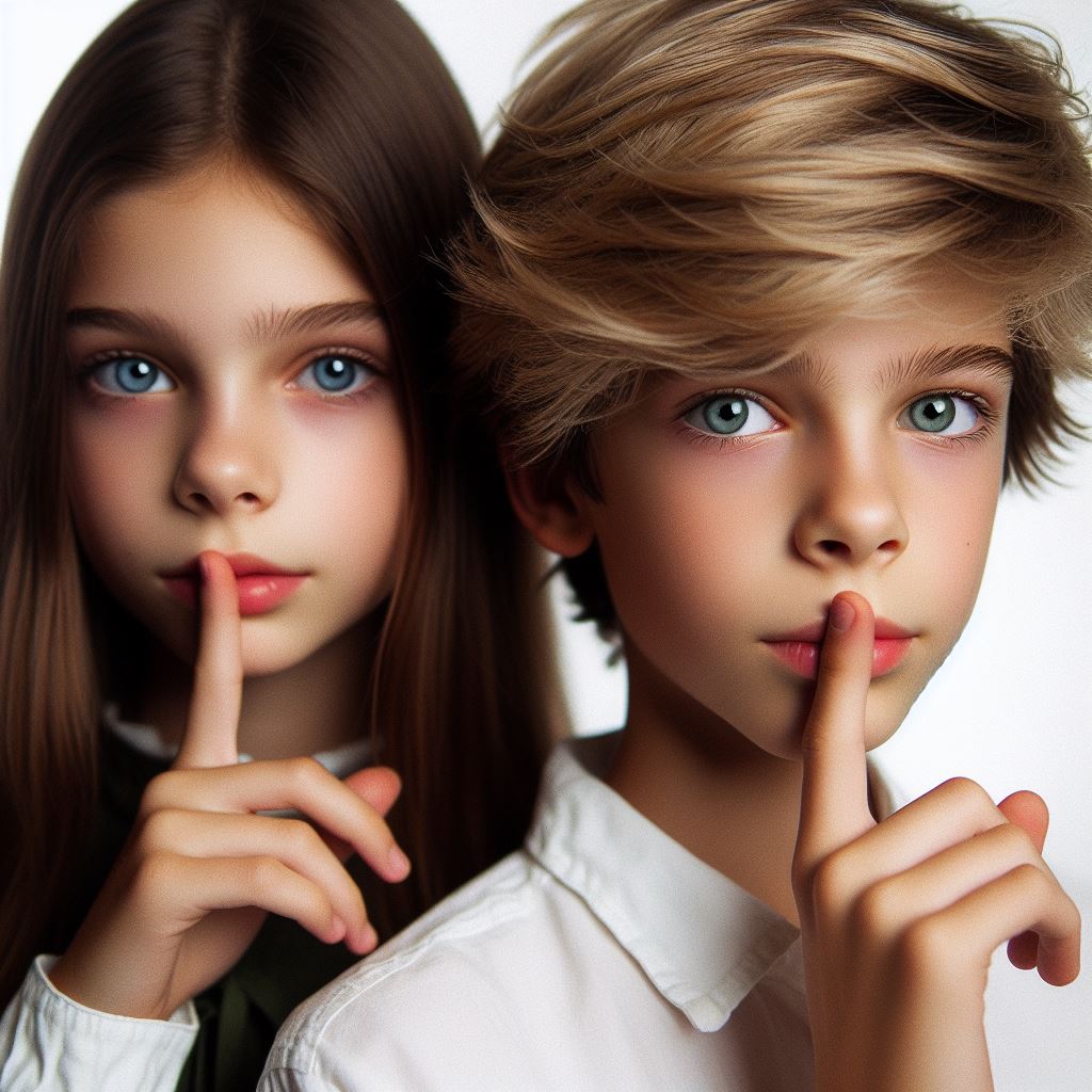 Mädchen und Junge legen Finger auf Lippen