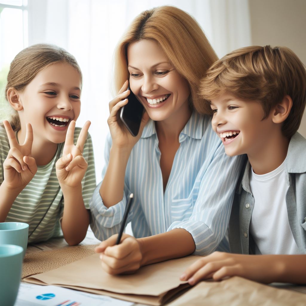 Mutter telefoniert, während Kinder fröhlich das Victory-Zeichen machen