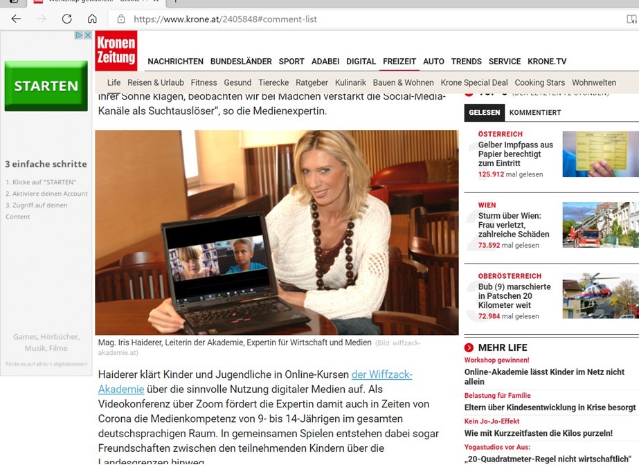 Medienbericht auf "www.krone.at" 2021 über Medienkompetenz für Kinder auf der ZukunftsMacherin-Website.