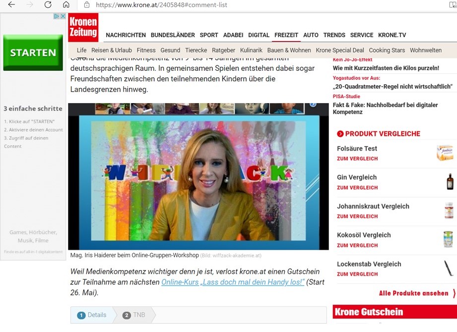 Medienbericht auf "www.krone.at" 2021 über Medienkompetenz für Kinder auf der ZukunftsMacherin-Website.