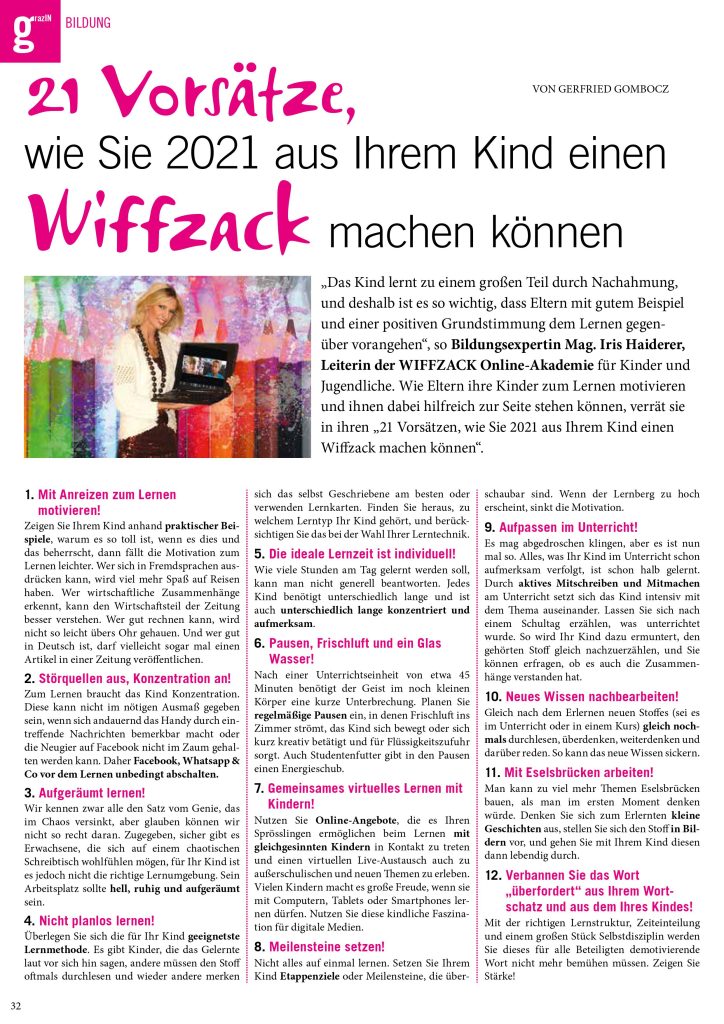 Doppelseitiger Medienbericht im Magazin "grazIN" 2020: 21 Tipps, wie Sie aus Ihrem Kind einen Wiffzack machen können.