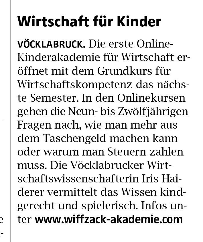 Medienbericht in der Tageszeitung "OÖN" 2021: Wirtschaft für Kinder.