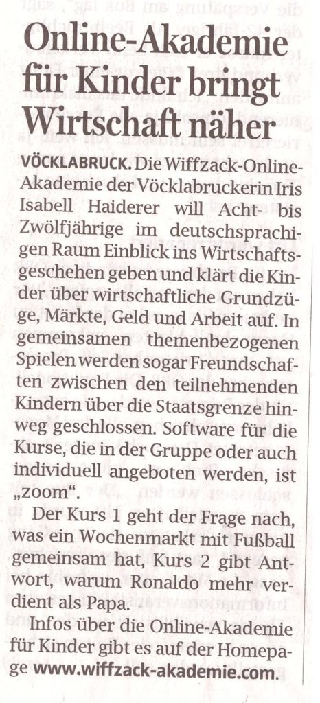 Medienbericht in der Tageszeitung "OÖN" 2021: Online-Akademie für Kinder bringt Wirtschaft näher.