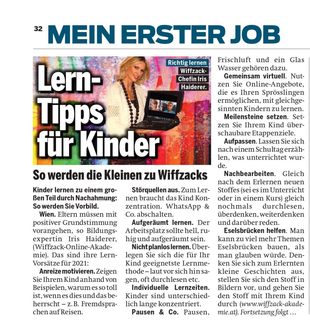 Medienbericht in der Tageszeitung "Österreich" 2020: Lerntipps für Kinder.