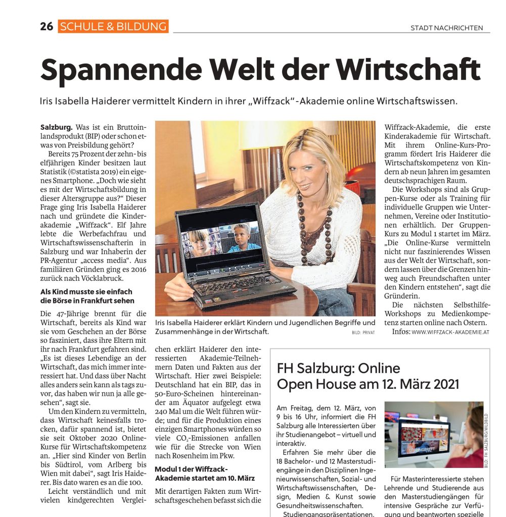 Medienbericht in der Wochenzeitung "Salzburger Woche" 2021.