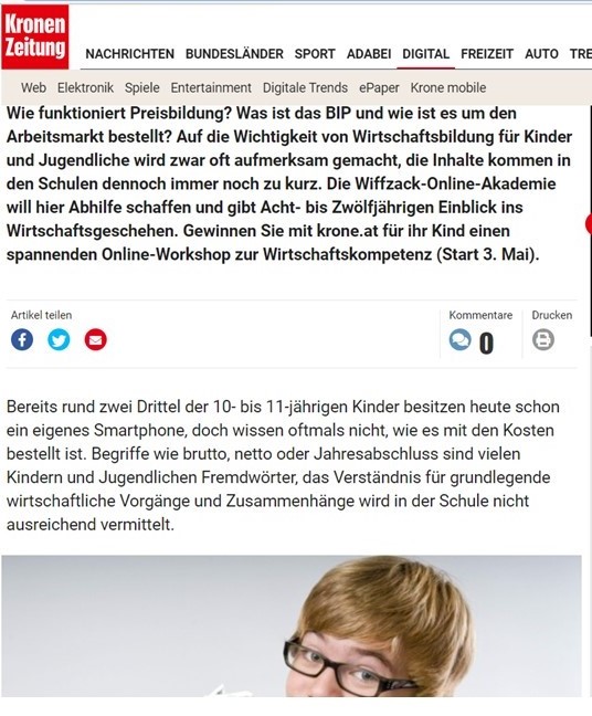 Medienbericht auf www.krone.at 2021: Online-Akademie erklärt Kindern Wirtschaft.