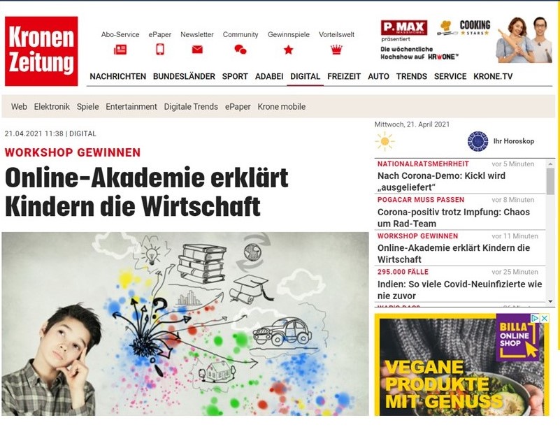 Medienbericht auf www.krone.at 2021: Online-Akademie erklärt Kindern Wirtschaft.