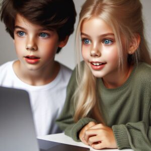 Ein Junge und ein Mädchen lernen spielerisch mit dem Online-Kurs Abenteuer Wirtschaft – Spaß und Spannung garantiert.