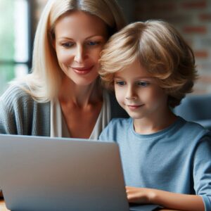 Eine sympathische Mutter sitzt mit ihrem Buben am Laptop – Beide sind begeistert vom Online-Kurs der ZukunftsMacherin.