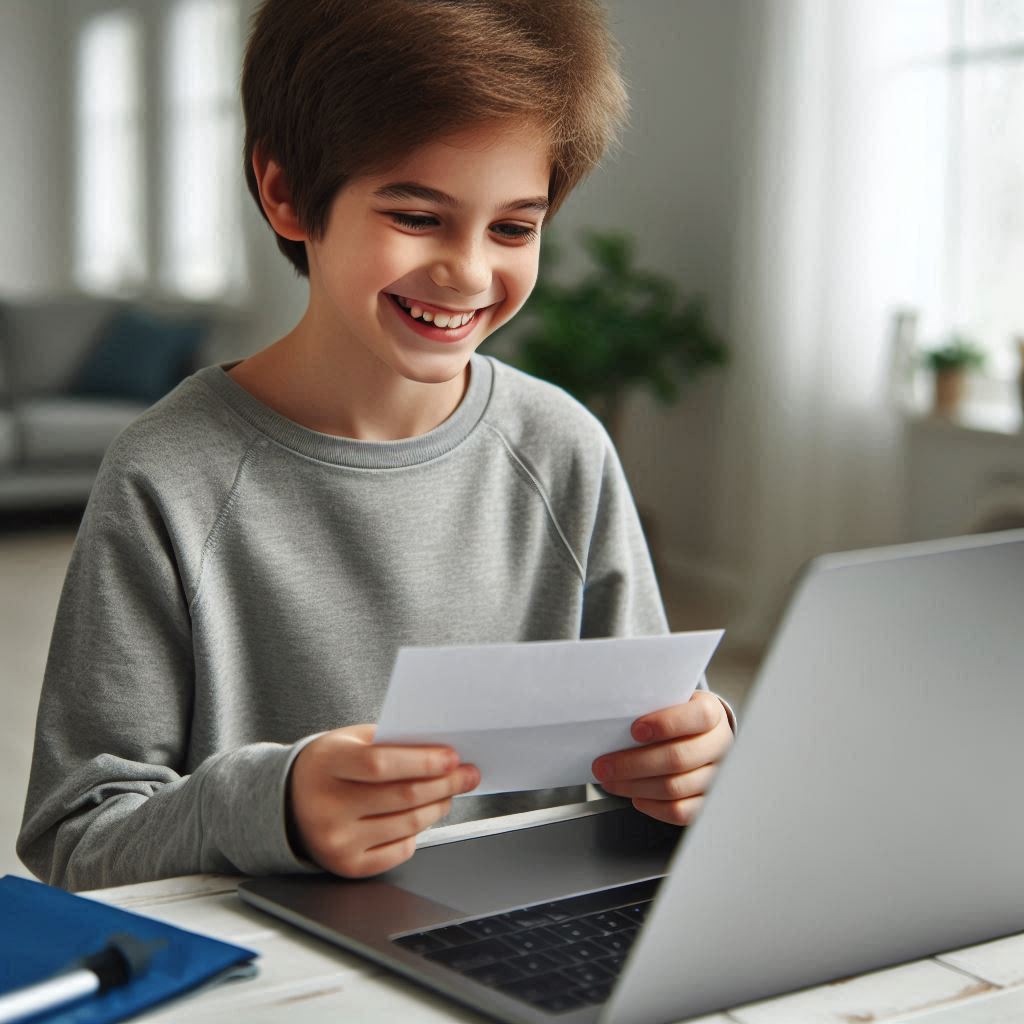 Begeisterter Junge erhält Gutschein für den Online-Kurs Abenteuer Wirtschaft. Also einen Geschenkgutschein: Wirtschaftskompetenz für Kinder.