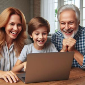 Eine Mutter und ein Großvater unterstützen ein Kind beim Lernen am Laptop mit praktischen Tipps aus dem Online-Kurs Abenteuer Wirtschaft.