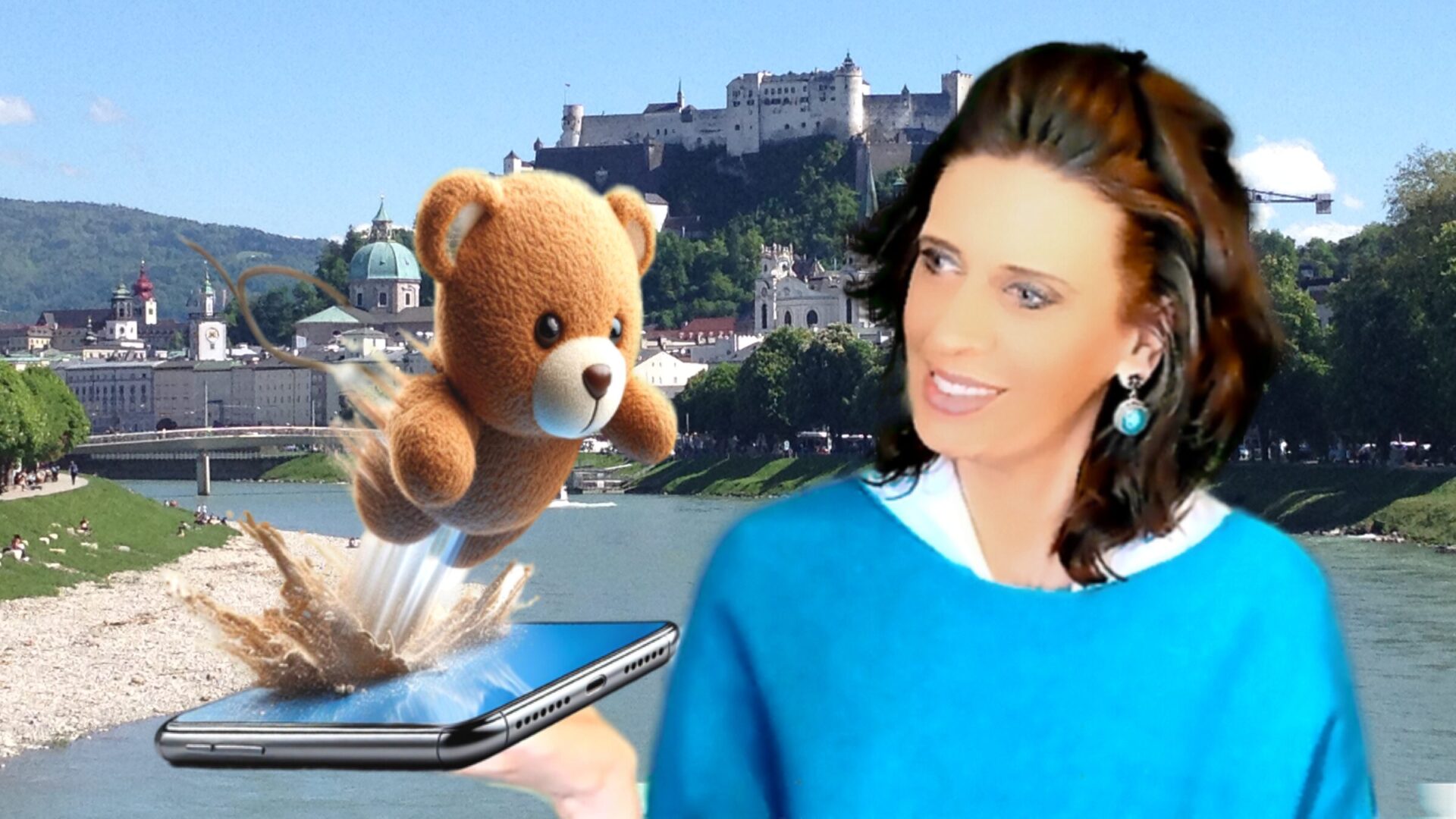 Kinderbuchautorin Iris Haiderer mit Fidelius, der aus einem Smartphone springt in Salzburg